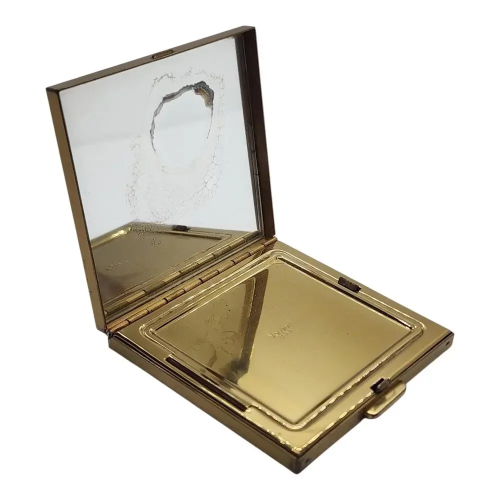 Vintage Volupte Black Gold Scroll Powder Compact Mirror Puff Unused Orig Card